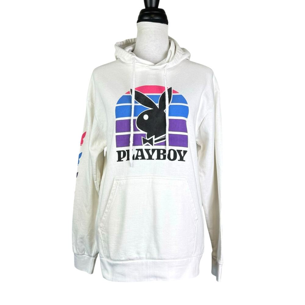 Playboy Unisex White Graphic Fleece Lined Hoodie Pullover Sweatshirt
